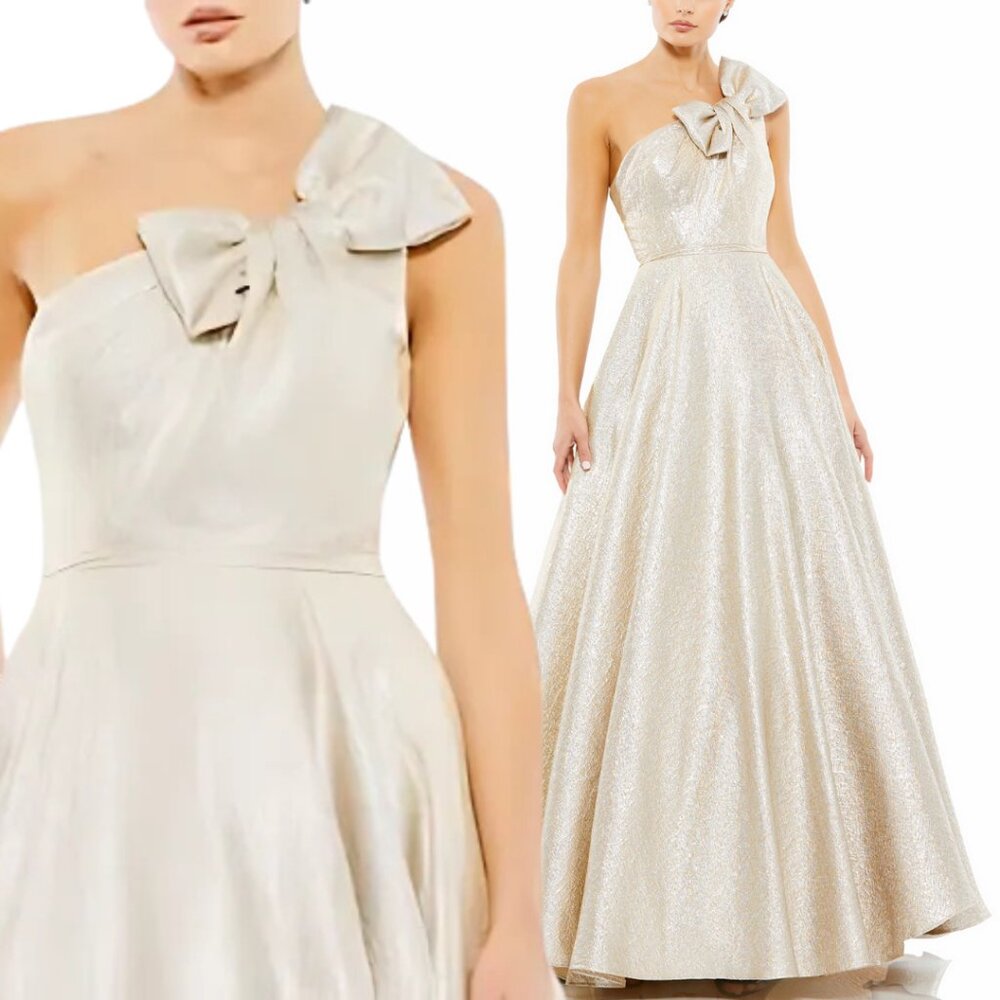 $598 Mac Duggal Size 10 Gold Silver Oyster Metallic Brocade Long Maxi Gown Dress
